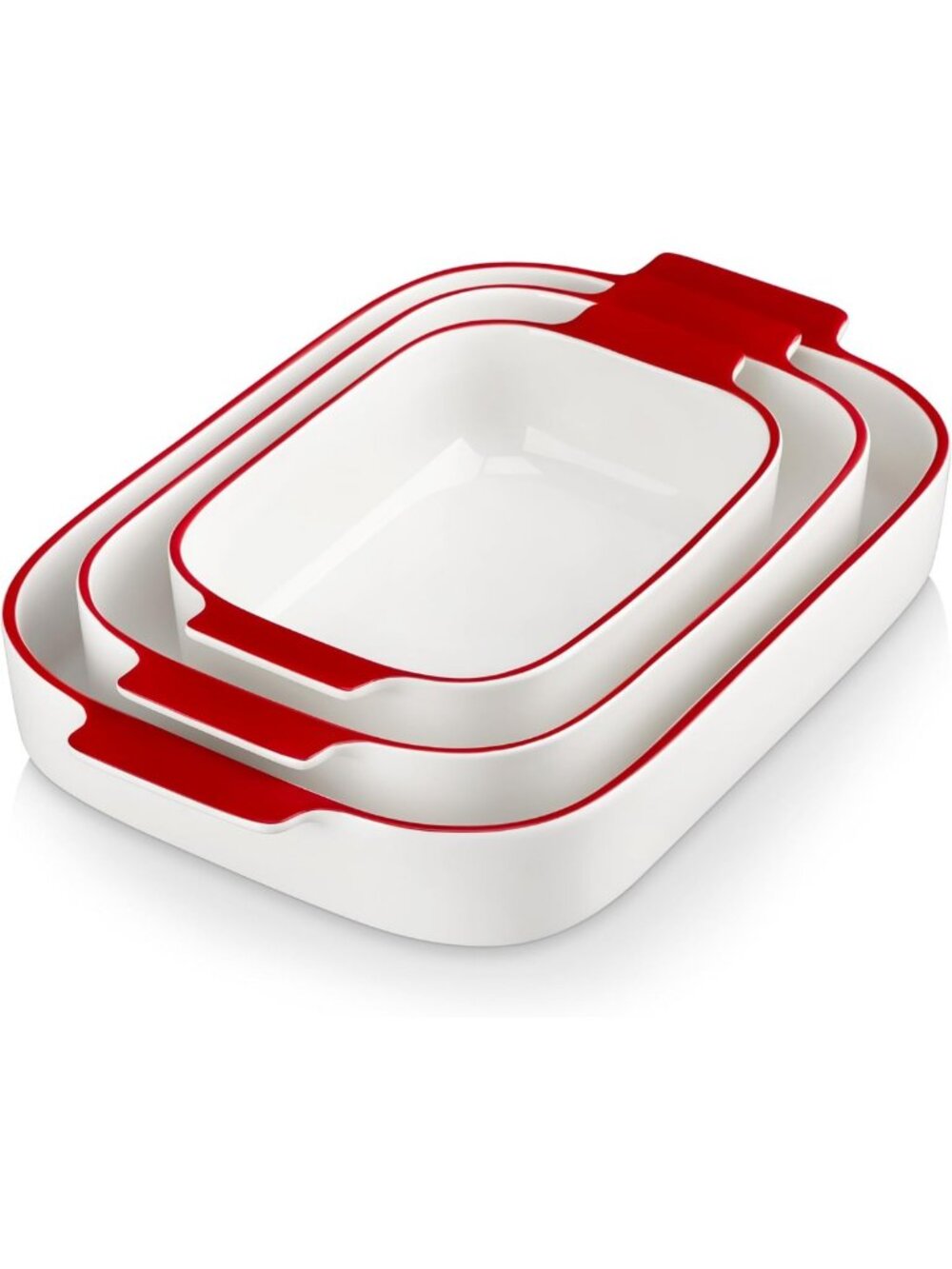 Set of 3 Ceramic Casserole Dishes - Red Trim Baking Dish for Oven & Kitchen
